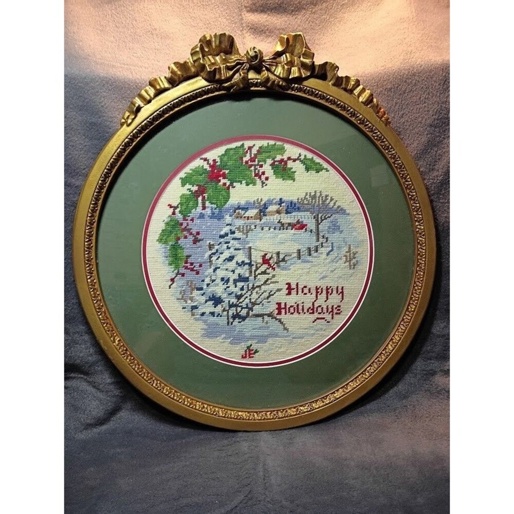 Road to Grandma's Needlepoint Finished Gold Frame 15" x 17" Tall Matted to 10"